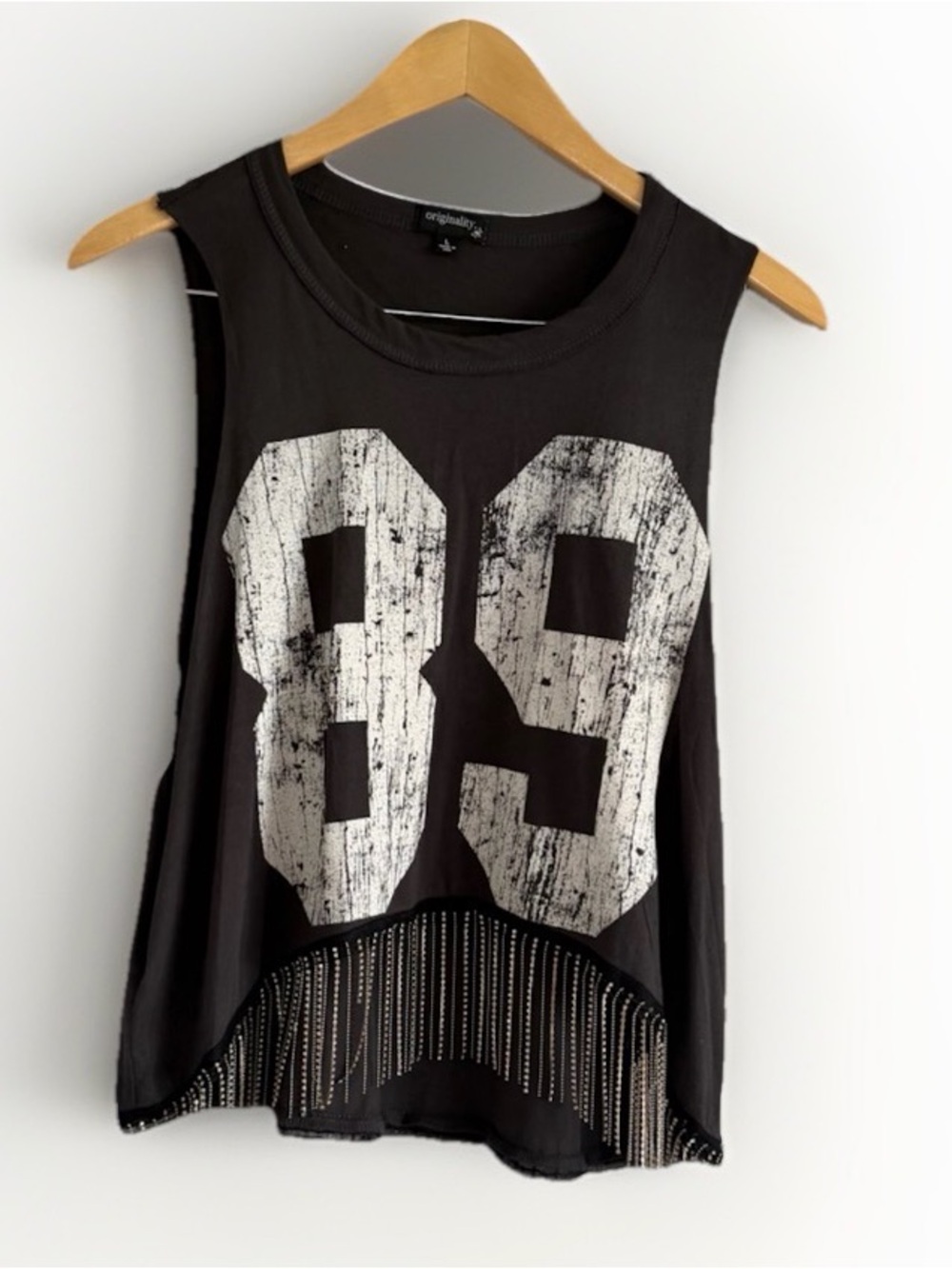 Cropped Muscle Tank Top Shirt 89 Graphic Rhinestone Fringe Festival Concert L